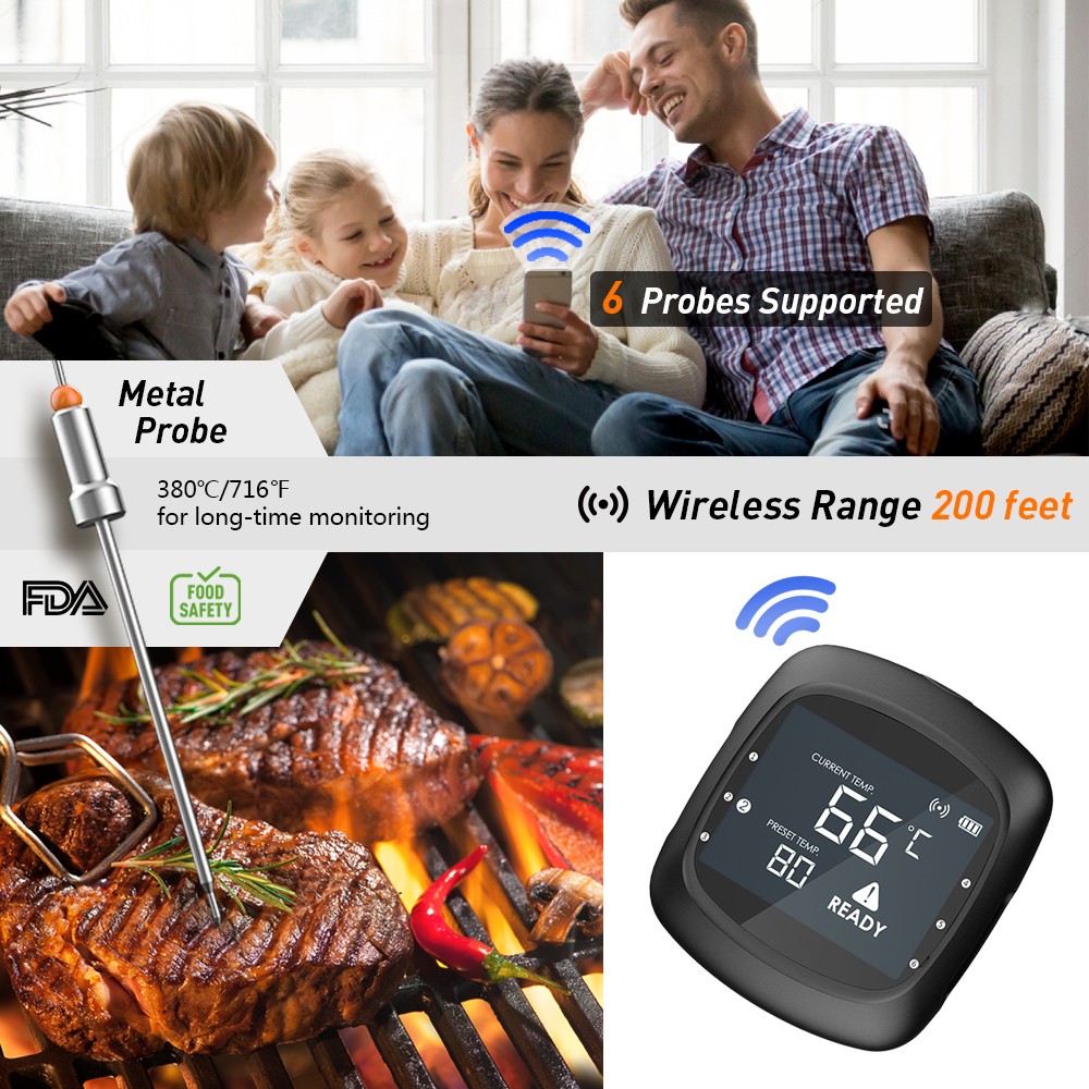 AidMax PRO05 Digital 6 Sensors Meat Thermometer Wireless Kitchen Cooking BBQ Food Thermometer Bluetooth Oven Grill Thermometer