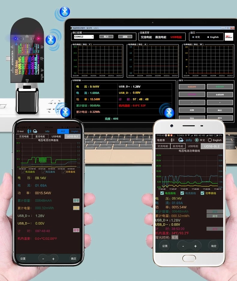 UD24 USB تستر Type-C 2.4 "بوصة DC5.5 الأميتر الرقمي الفولتميتر قوة البنك كاشف جهد فولت PD الزناد عداد كهربائي