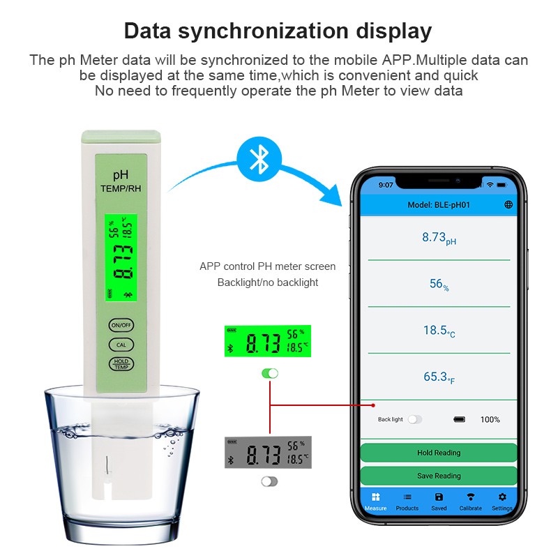 3 in 1 PH/Temperature/Hygrometer Compatible with Bluetooth APP Online ATC Water Quality Tester for Aquarium Swimming Pool