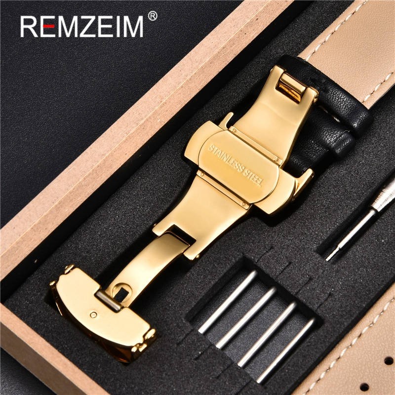 Rimzm Soft Calfskin Leather Watches 18mm 20mm 22mm 24mm Straps Automatic Butterfly Clasp Watch Accessories With Box