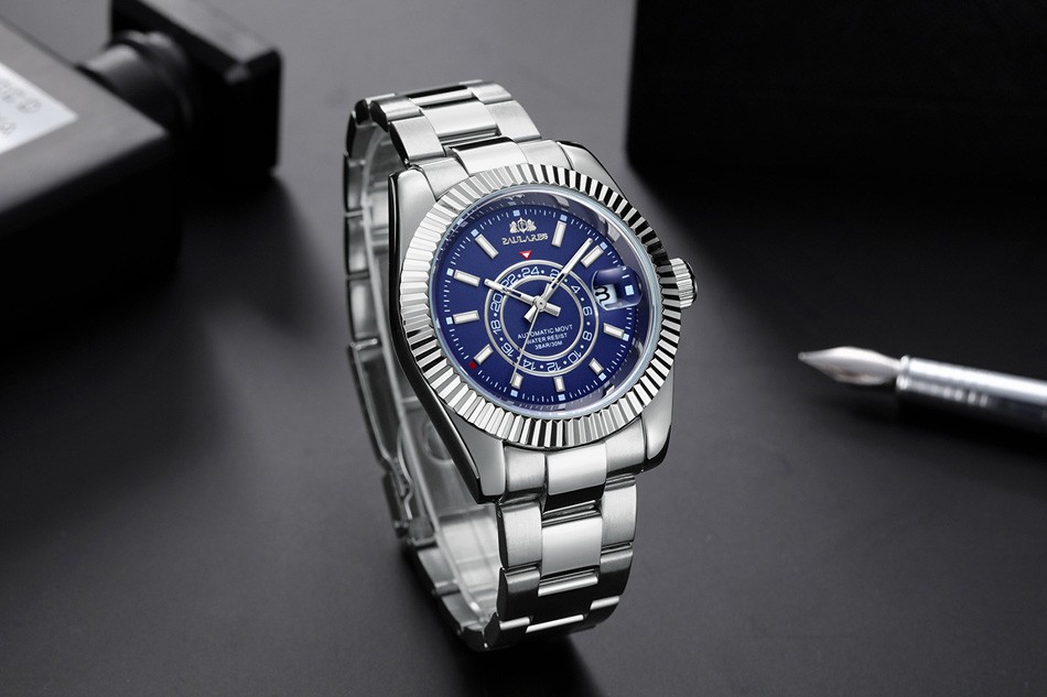 Men's automatic self-wind mechanical stainless steel strap rose gold silver blue date luxury sky 40mm watch