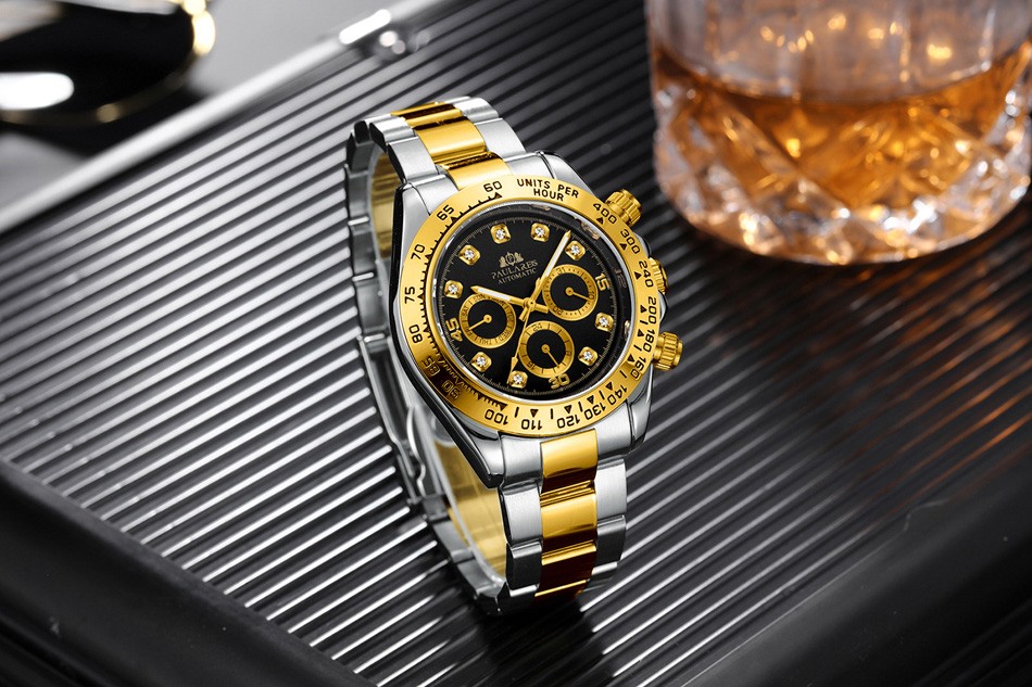 Automatic watches for men self-wind mechanical gold black stainless steel strap diamond stone fashion luxury sport