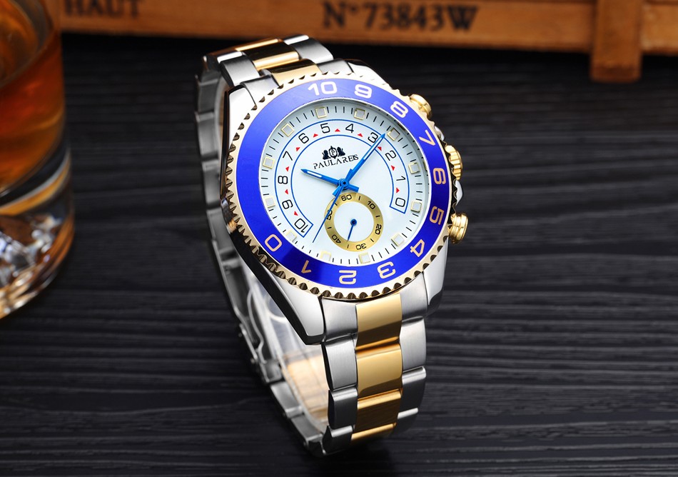 Automatic self-wind mechanical stainless steel strap casual gold yellow silver blue bezel master business men's watch