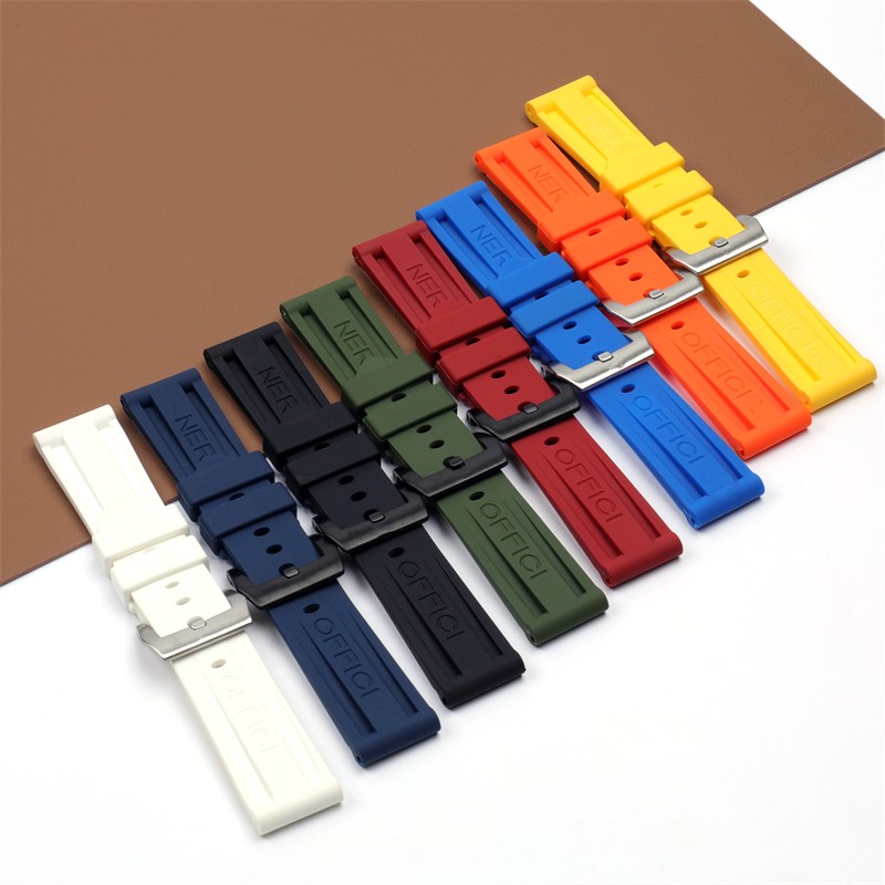 High Quality Black Blue Red Orange Army Green Watchband Silicone Rubber Strap for Panerai Pin Buckle 22mm 24mm 26mm