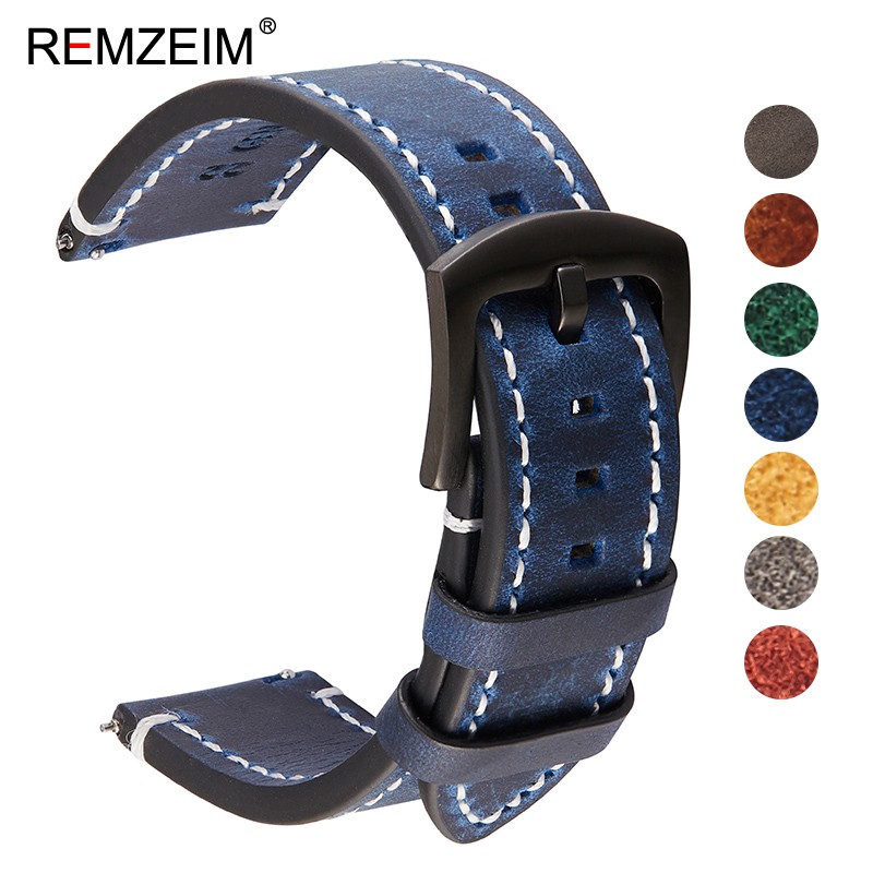 Remz Plaid - Genuine Leather Watch Band for Men and Women, Black, Blue, Gray, Brown, Cowhide, 18mm, 20mm, 22mm, 24mm