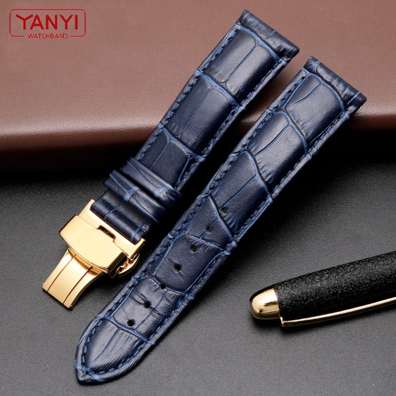 Genuine Leather Bracelet Dark Blue Watch Strap Butterfly Clasp Watchband Size In 16mm 18mm 20mm 21 22mm 23mm Watch Band