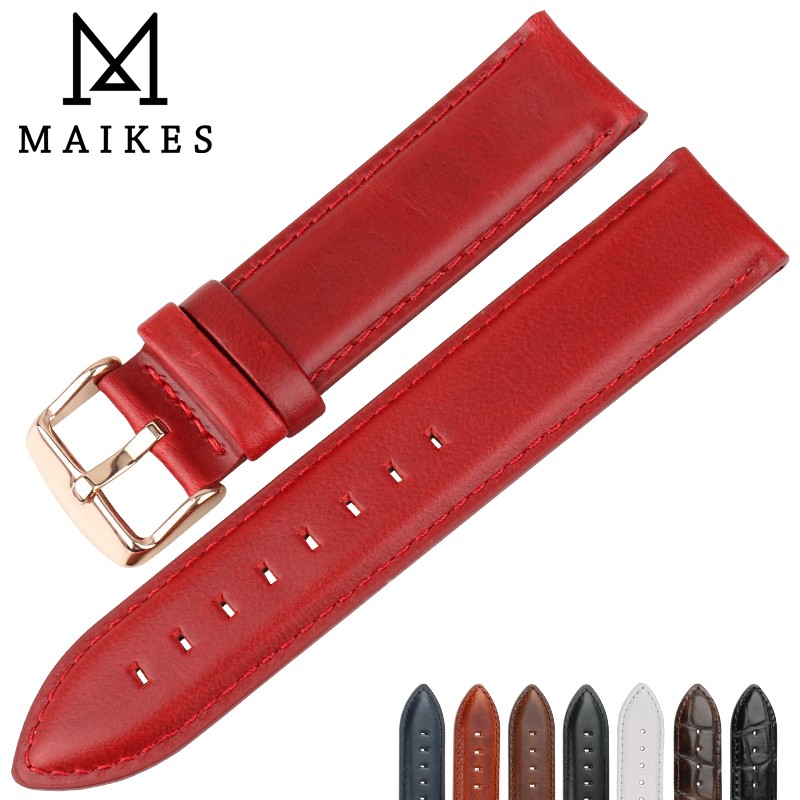 MAIKES Genuine Leather Replacement Bracelet Trendy Red Women Watch Band 12/13/14/16/17/18/19/20 for Lady Band Watch Watch Strap