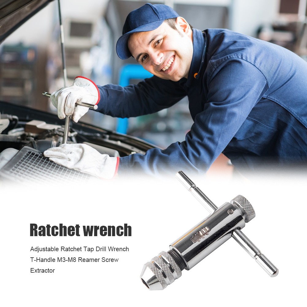 Adjustable Ratchet Tap Drill Wrench T-Handle M3-M8 Lathe Screw Thread Extractor Holder Spanner Metric Screw Hand Hardware