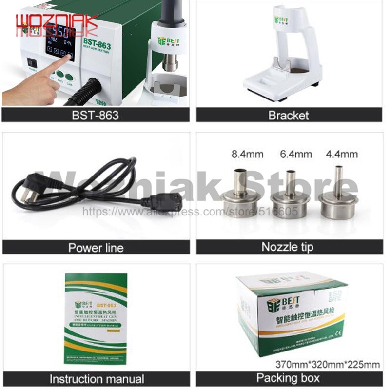 BST-863 Lead Free Hot Air Rework Station Soldering Touch Screen LCD 1200W 220V for Phone CPU PCB Grinder