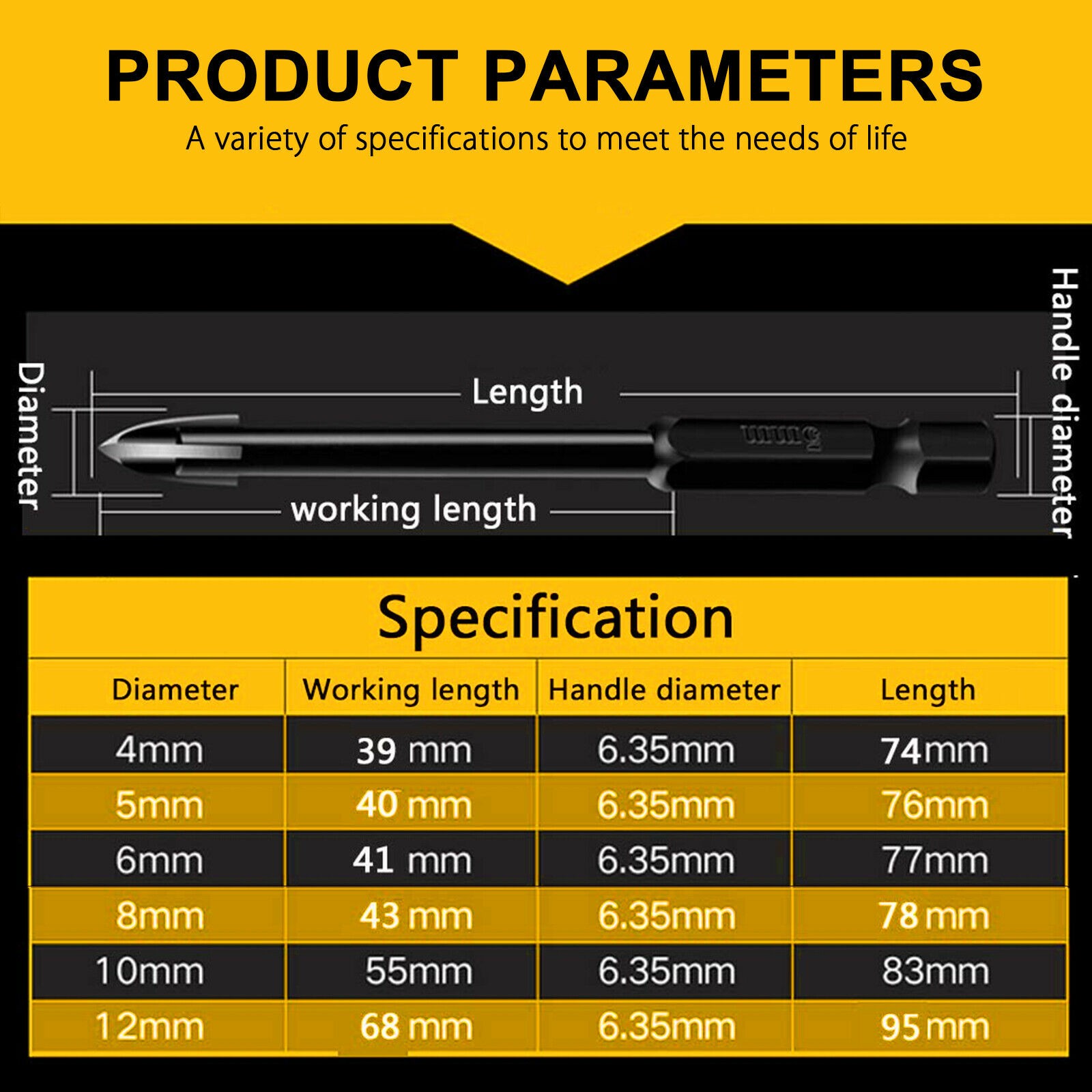 4mm/5mm/6mm/8mm/10mm/12mm Glass Drill Bit Set Alloy Carbide Point Cutting Edges Tile Glass Cross Spear Head Drill Bits