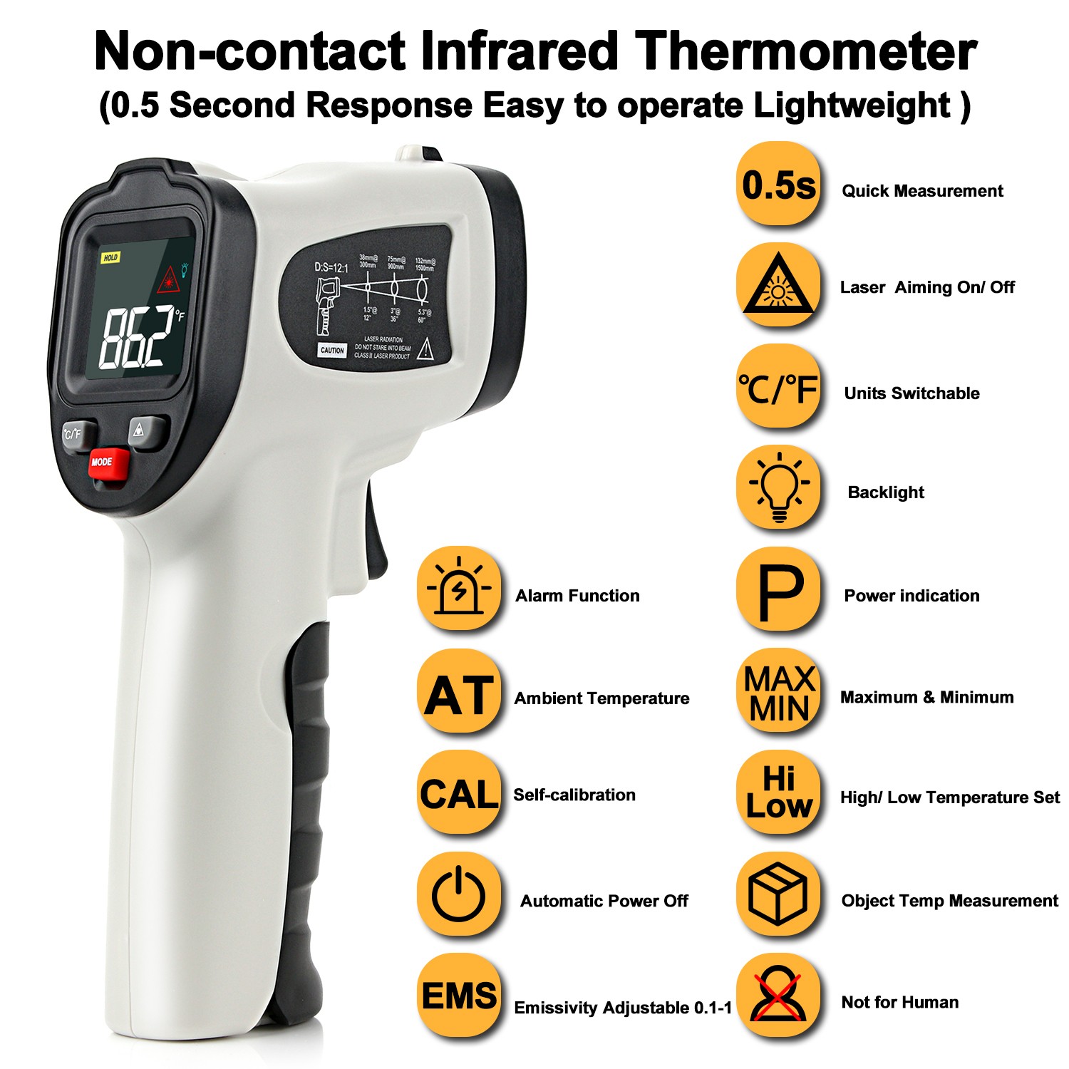 XRCLIF Non-Contact Digital Infrared Laser Thermometer Gun High Low Temperature Alarm -58℃~1112℃ Thermometer Thermometer