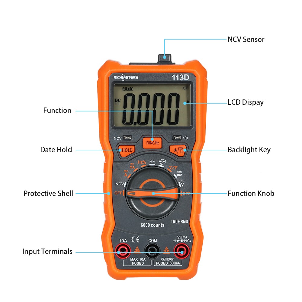 Richmeter RM113D NCV Digital Multimeter 6000 Counts Auto Ranging AC/DC Voltage Temperature Measurement Device with Backlight