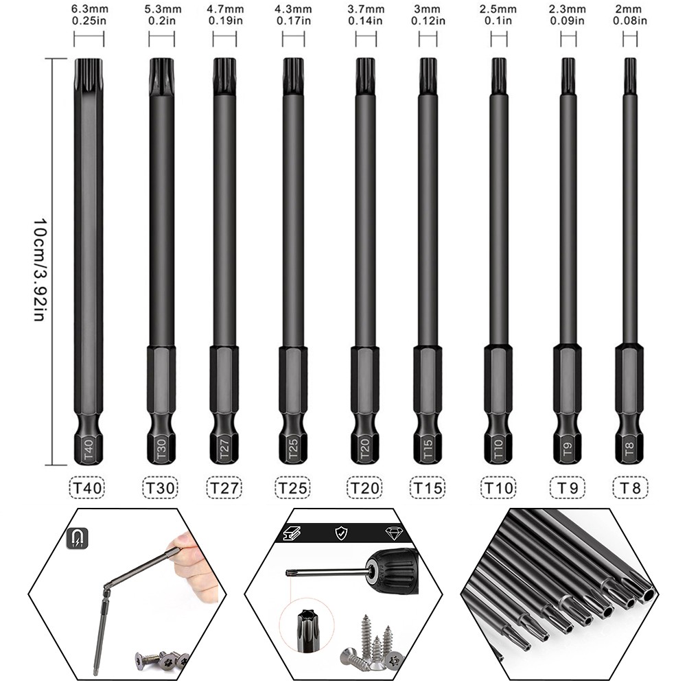 9 قطعة مفك Bit100mm T8-T40 مفك بت 1/4 ''عرافة عرقوب وجع مثقاب الخشب للكهرباء الحفر الكهربائية اليد مفك