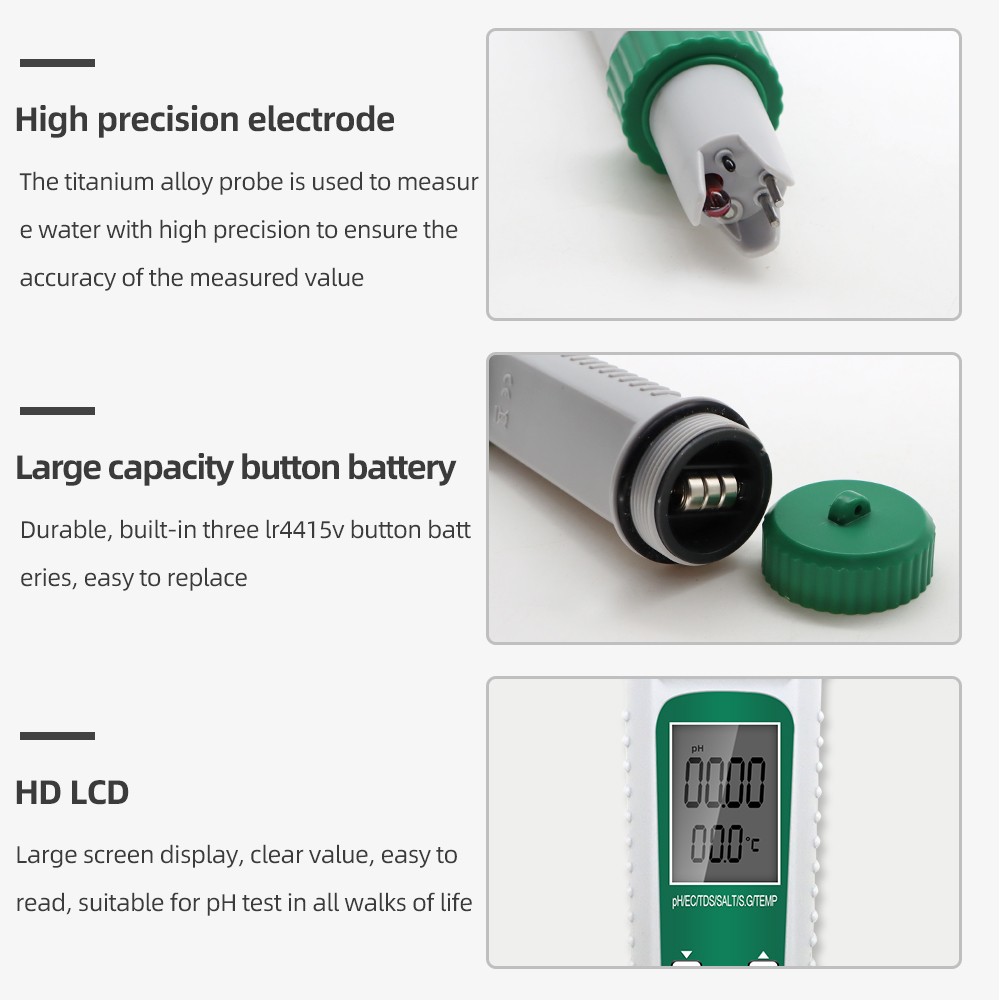 High Accuracy 6 in 1 PH/ EC/ TDS/ Salt/ S.G/ Temperature Test Meter Analyzer Acid Probe Analyzer for Drinking Aquarium 40% Off