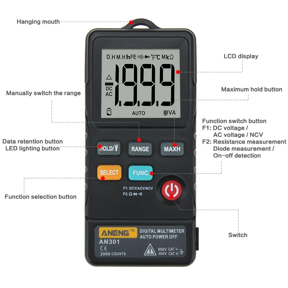 ANENG AN302 المهنية الرقمية المتعدد 7999 عرض تيار مستمر/التيار المتناوب الفولتميتر تستر السعة ديود NCV أوم المقاومة هرتز اختبار