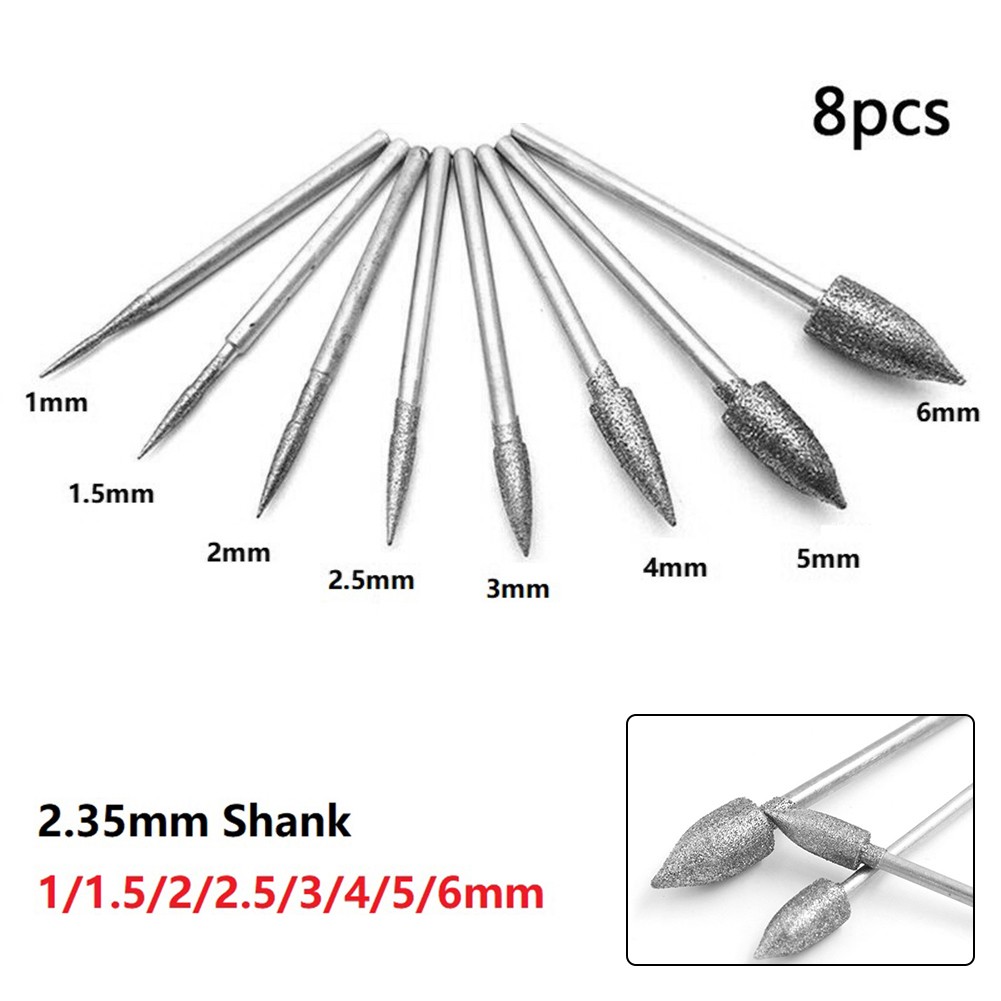 8pcs 2.35mm shank electrophoresis diamond grinding head needle polished carving suitable for polished crafts grinding head tool