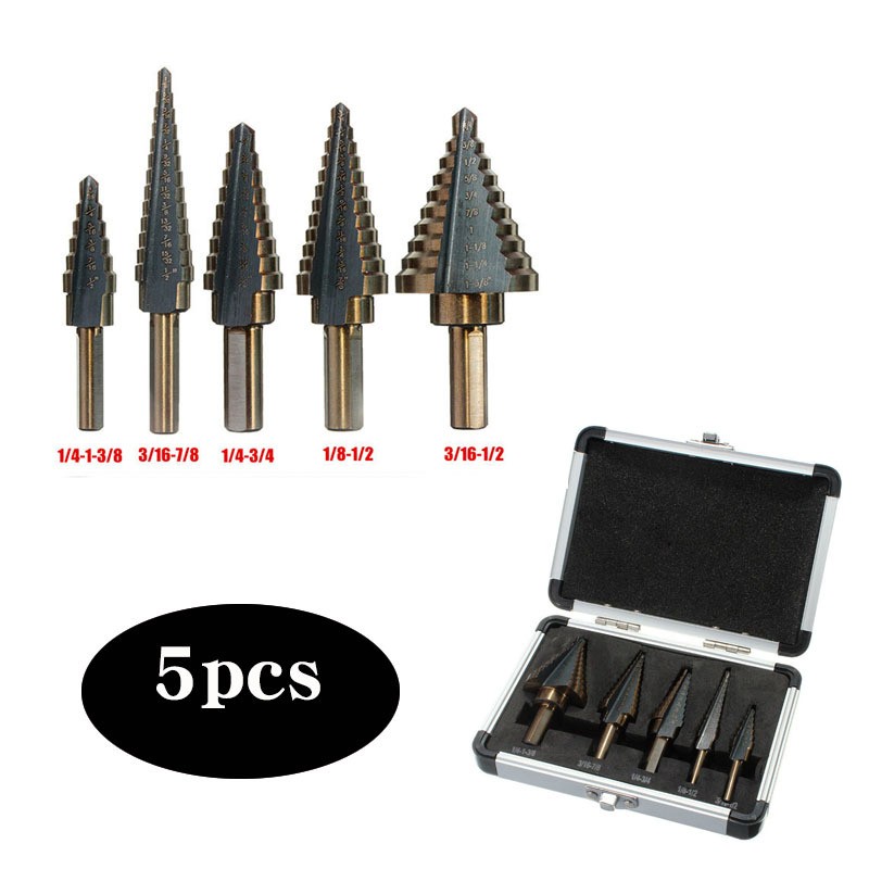 JINRUI British 5pcs Pagoda Drill Bit High Speed ​​Steel Hole Opener Set Triangle Shank Black and Yellow Step Drill Bit Bit