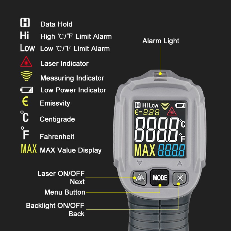 Habotest HT650 عدم الاتصال الرقمية الأشعة تحت الحمراء ميزان الحرارة IR مقياس الحرارة بندقية ضوء الصوت إنذار في الهواء الطلق الصناعية المستخدمة شاشة الكريستال السائل