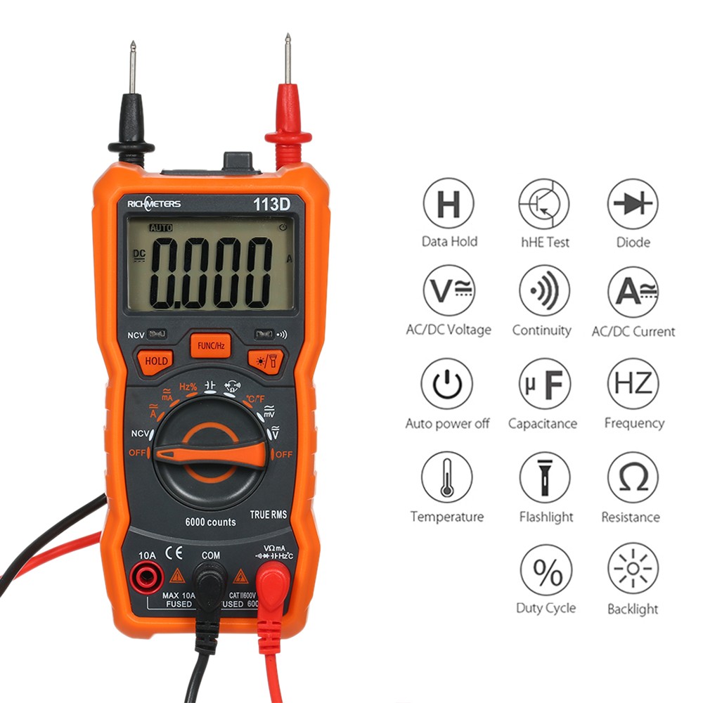 RICHMETERS جهاز القياس الرقمي, جهاز متعدد المتر RM113A/RM113D مع 6000 عد NCV أداة درجة حرارة الجهد مع شفط مغناطيسي وضوء فلاش