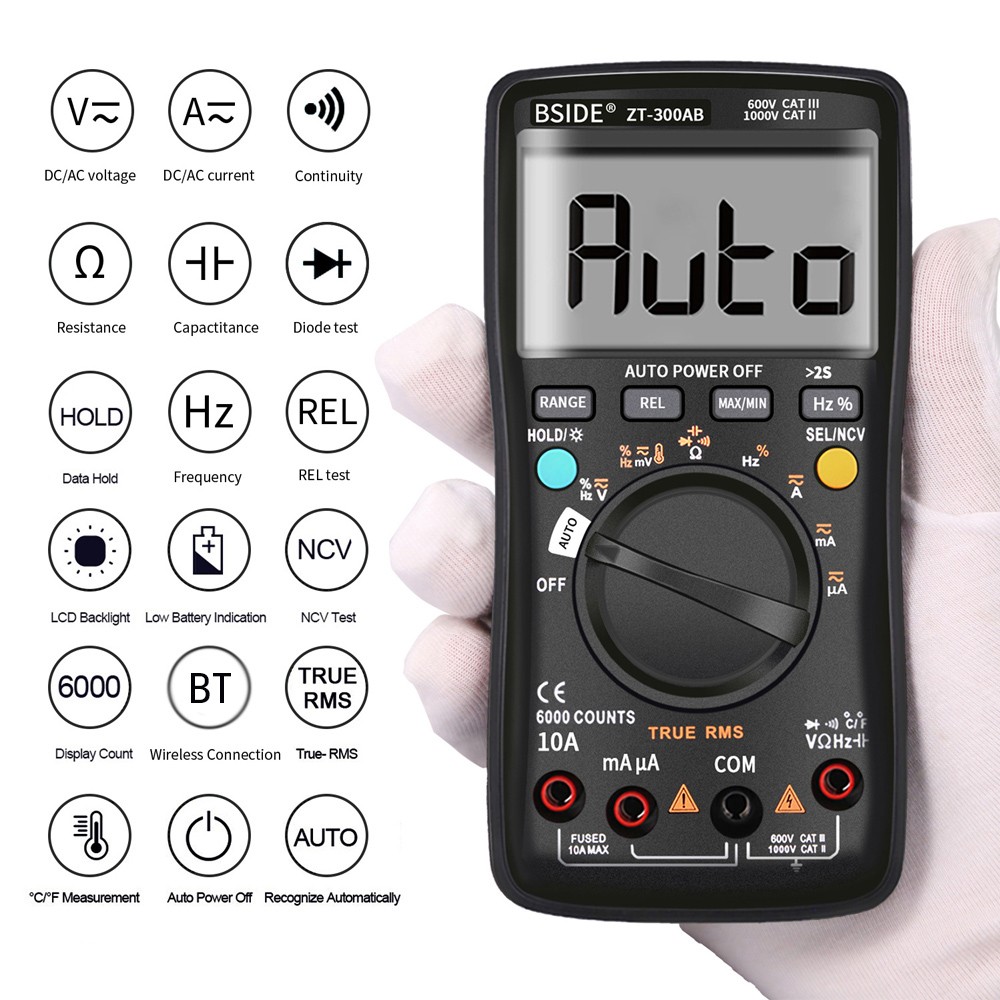 BSIDE Professional Auto/Manual Digital Multimeter 6000 Counts LCD True RMS Smart Voltage Current Frequency Thermometer