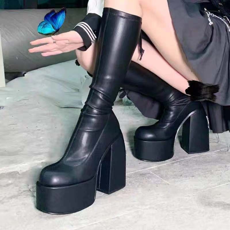 Fashion Women High Heel Shoes Chunky Platform High Top Punk Boots Female Ankle Boots Black Thick Platform Long Knee High Boots