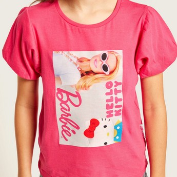 Sanrio Barbie Print Round Neck T-shirt with Balloon Sleeves