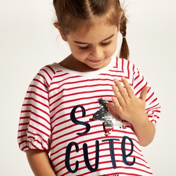 Lee Cooper Striped Round Neck T-shirt with Short Sleeves and Embellished Detail