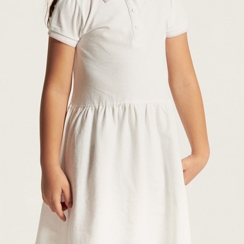 Juniors Solid Dress with Short Sleeves and  Piping Detail