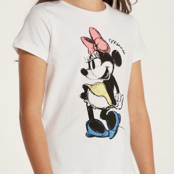 Minnie Mouse Print T-shirt with Crew Neck and Short Sleeves