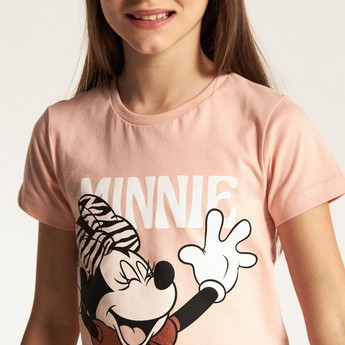 Disney Minnie Mouse Print Crew Neck T-shirt with Short Sleeves