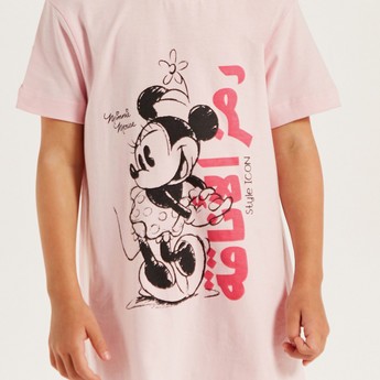 Disney Minnie Mouse Print Night Dress with Crew Neck and Short Sleeves