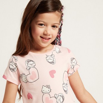 All-Over Hello Kitty Printed Tiered Dress with Short Sleeves