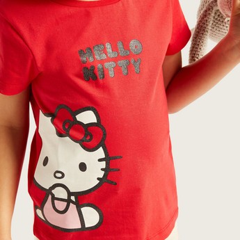 Sanrio Hello Kitty Print Crew Neck T-shirt with Short Sleeves