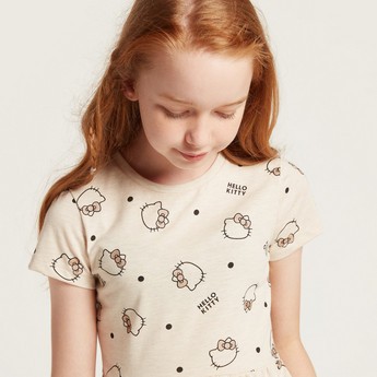 Sanrio Hello Kitty Print Dress with Round Neck and Short Sleeves