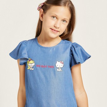 Sanrio Hello Kitty Print Round Neck Dress with Flared Sleeves