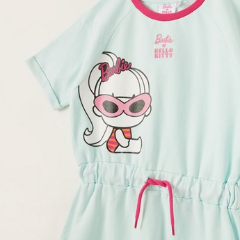 Sanrio Barbie Print Tiered Dress with Short Sleeves