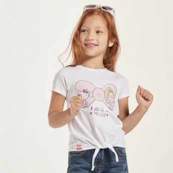 Sanrio Hello Kitty Print Round Neck T-shirt with Front-Tie Accent