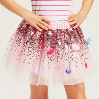 Charmz Sequin Embellished Tutu Skirt with Floral Appliques