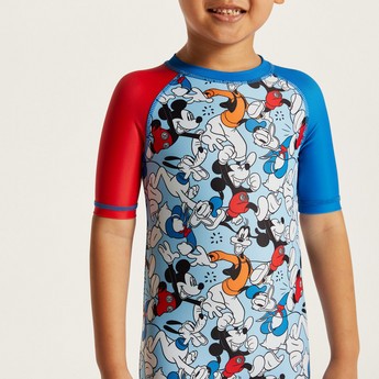 Disney Mickey Mouse Print Swimsuit with Short Sleeves and Zip Closure