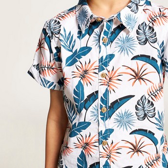 Juniors Tropical Print Shirt with Short Sleeves and Button Closure