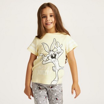 Looney Tunes Print Crew Neck T-shirt and Pyjama Set