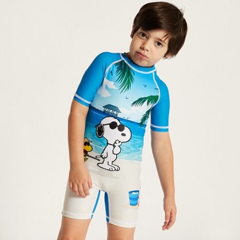 Snoopy Dog Print Swimsuit with Short Sleeves and Zip Closure