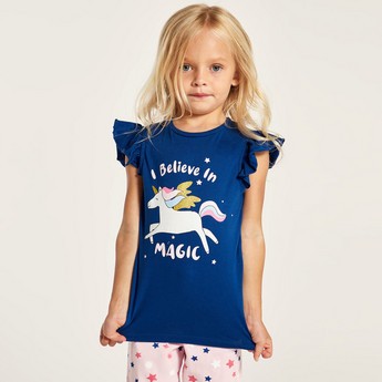 Juniors Unicorn Glitter Print Round Neck T-shirt and Pyjama Set