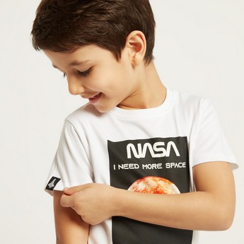 NASA Graphic Print T-shirt with Round Neck and Short Sleeves