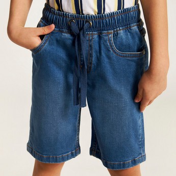 Juniors Solid Denim Shorts with Drawstring Closure and Pockets