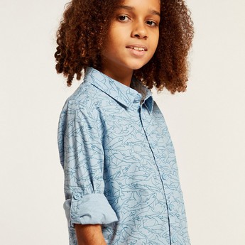 Juniors All Over Print Shirt with Long Sleeves and Button Placket