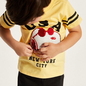 Snoopy Sequin Embellished Crew Neck T-shirt with Short Sleeves