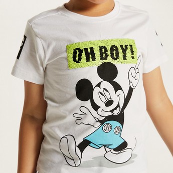 Disney Mickey Mouse Print T-shirt with Crew Neck and Short Sleeves