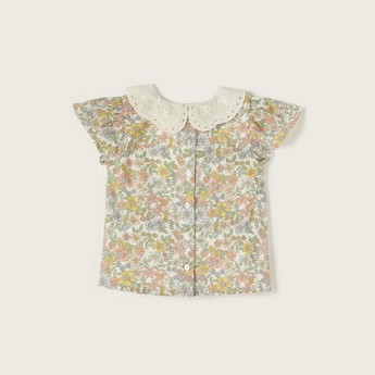 Giggles Floral Print Top with Lace Textured Peter Pan Collar