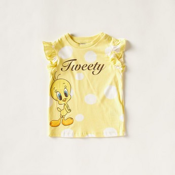 Tweety Print Crew Neck T-shirt with Ruffled Sleeves - Set of 2